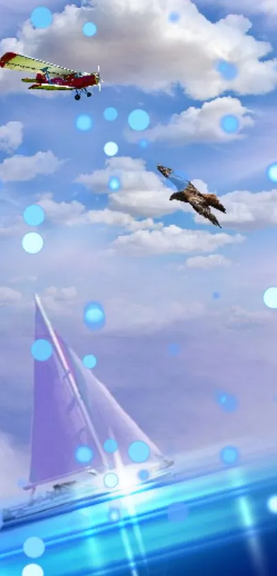 Fantasy sky adventure wallpaper with plane, eagle, and boat.