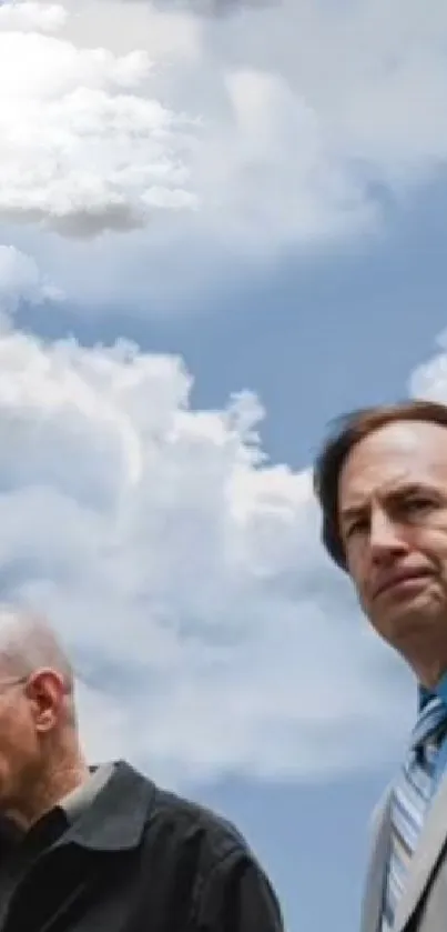 Wallpaper of two men with blue sky and clouds in the background.