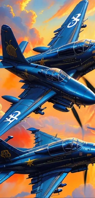 Two fighter planes soaring in vibrant sunset skies with clouds.