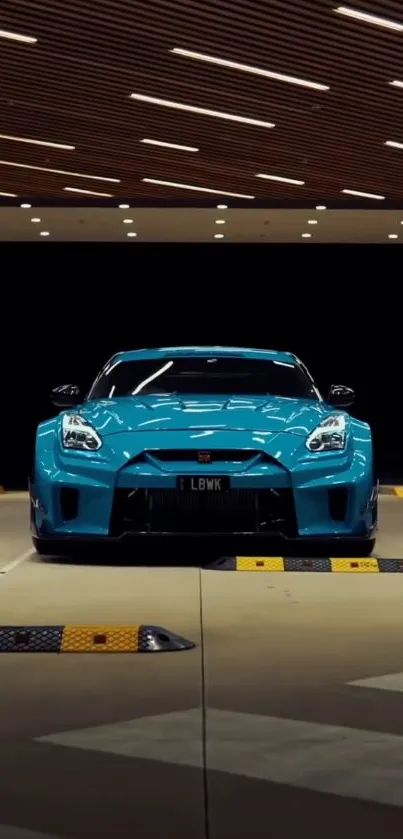 Sky blue sports car parked in garage at night.