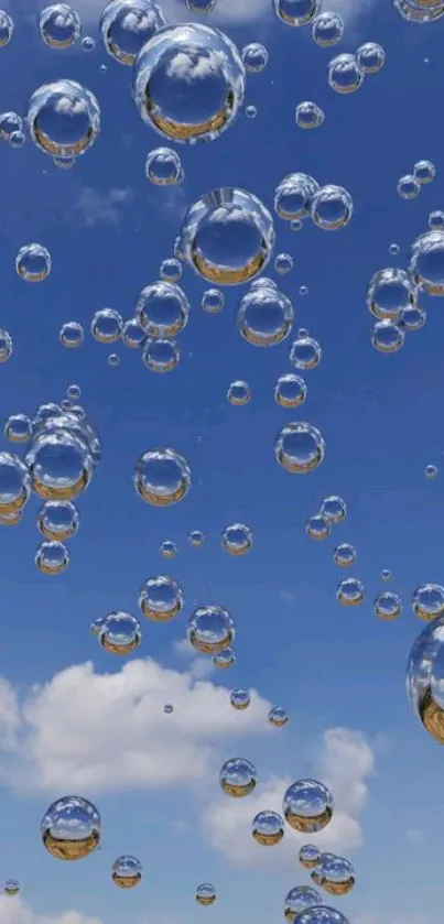 Floating bubbles against a bright blue sky with scattered clouds.