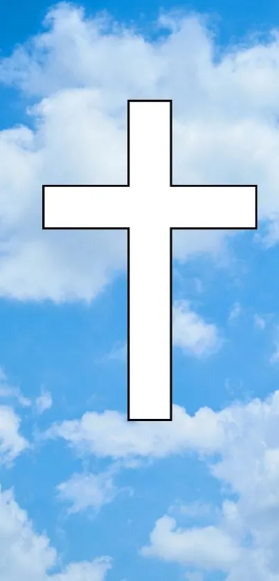 White cross against a vibrant blue sky filled with fluffy clouds.