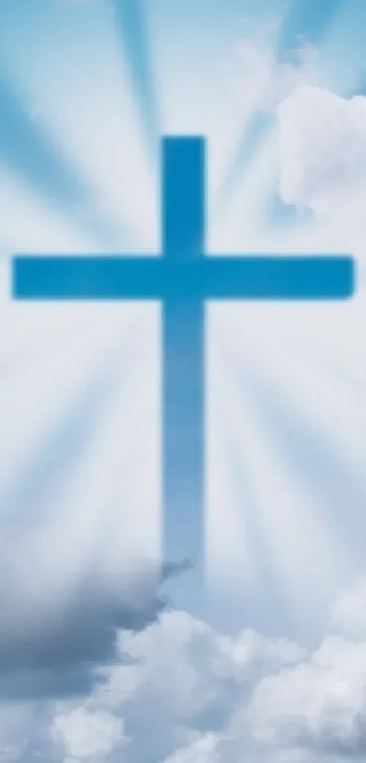 A blue cross with clouds in the sky, radiating peaceful rays.