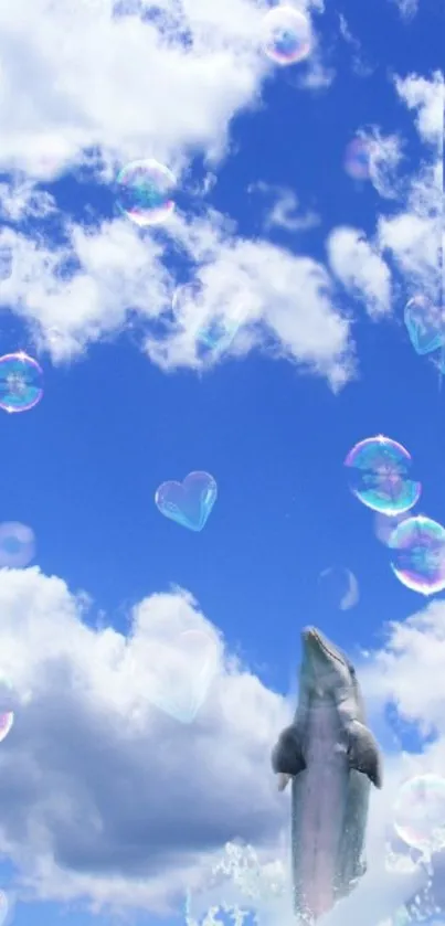 Dolphin jumping in a sky of clouds and bubbles.