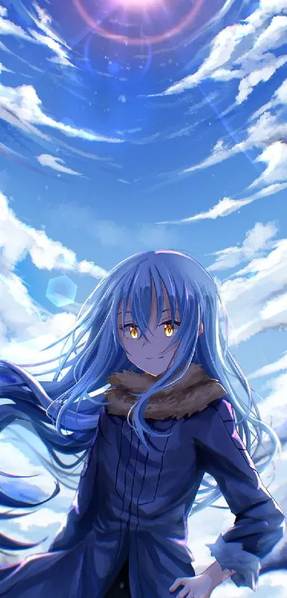 Anime character with blue hair under a bright sky with clouds.