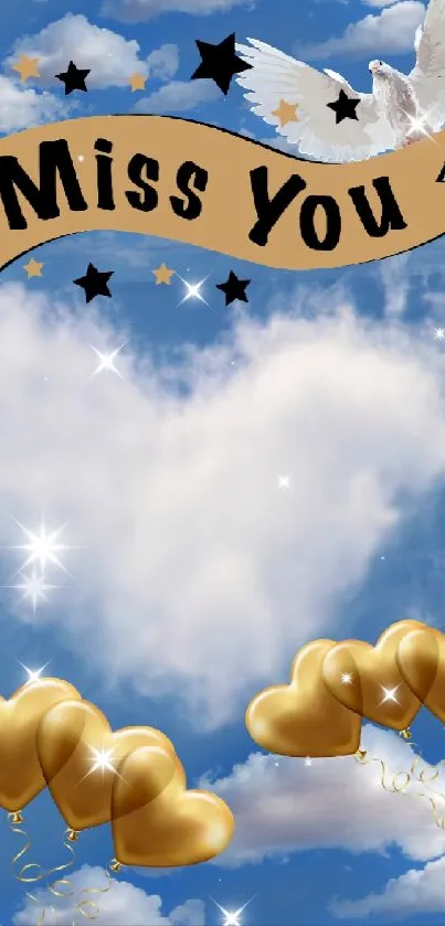 Heart-shaped cloud with golden balloons and a dove against a blue sky.