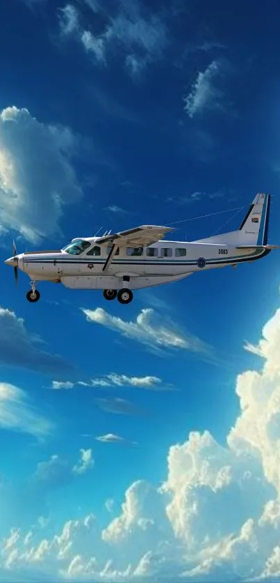 Airplane flying through a vibrant blue sky with fluffy white clouds.