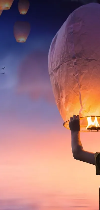 Sky lanterns glowing at sunset with birds in the sky.