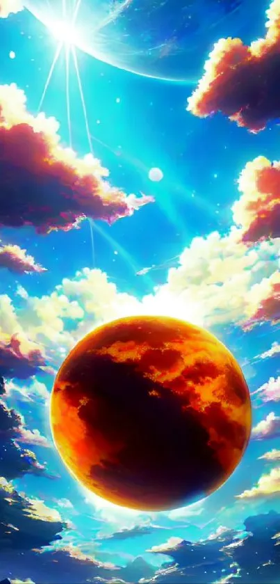 Vibrant fantasy sky with planet and colorful clouds.