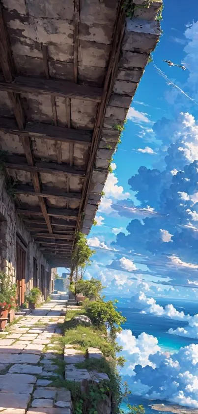 Sky view balcony with fluffy clouds.