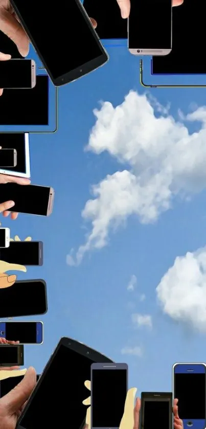 Hands holding phones against a blue sky.