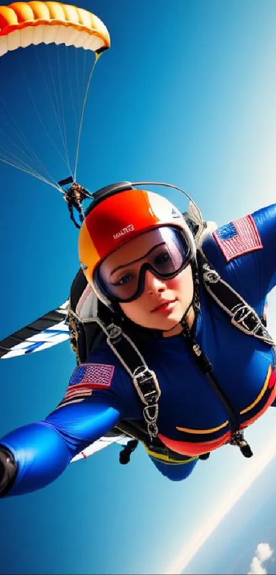 Skydiver with open parachute against clear blue sky.