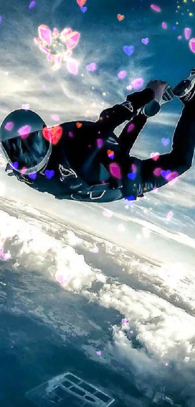 Skydiver free falling amidst clouds with a blue sky backdrop.