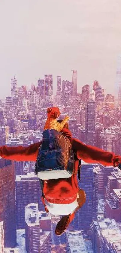 Skydiver in a red and blue urban landscape over New York City skyline.