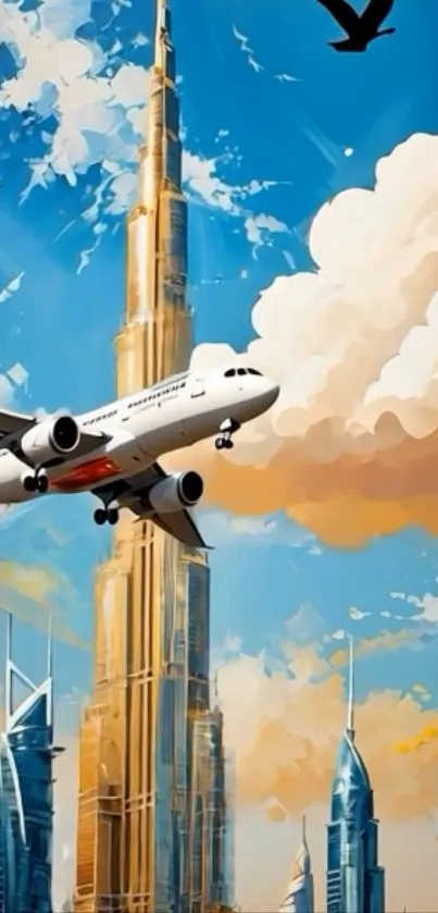 Airplane flying over modern city skyline with vibrant sky.