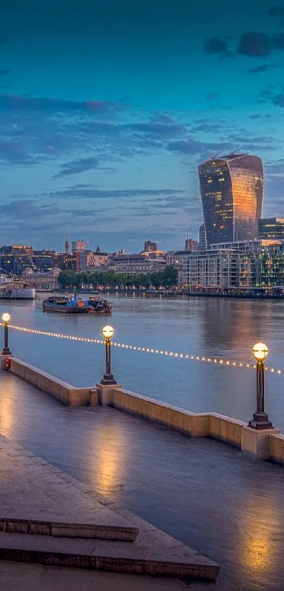 London skyline at sunset along the river Thames with vibrant colors.