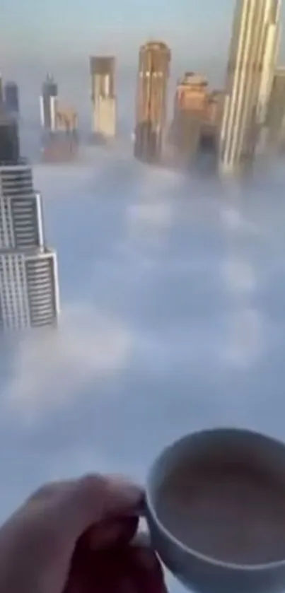 A mesmerizing city skyline above clouds with a coffee cup view.