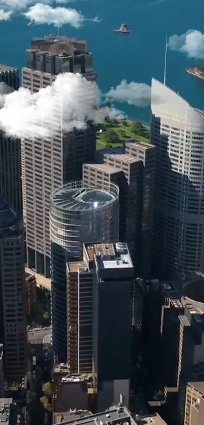 Aerial view of modern city skyline with skyscrapers and blue sky.