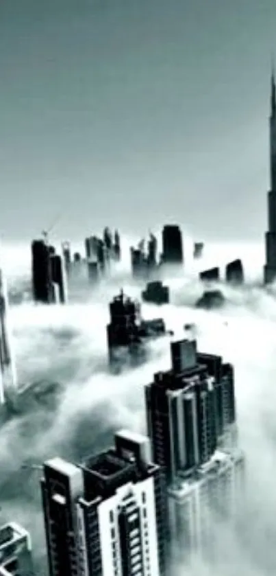 Fog-covered city skyline with towering skyscrapers in the morning.