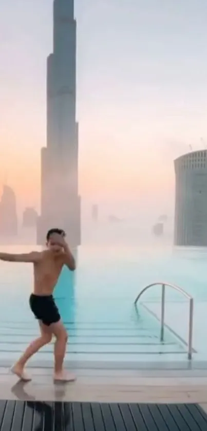 Man enjoying a rooftop pool with city skyline at sunset.