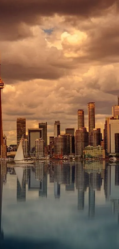 City skyline reflected in water at sunset with dramatic clouds.