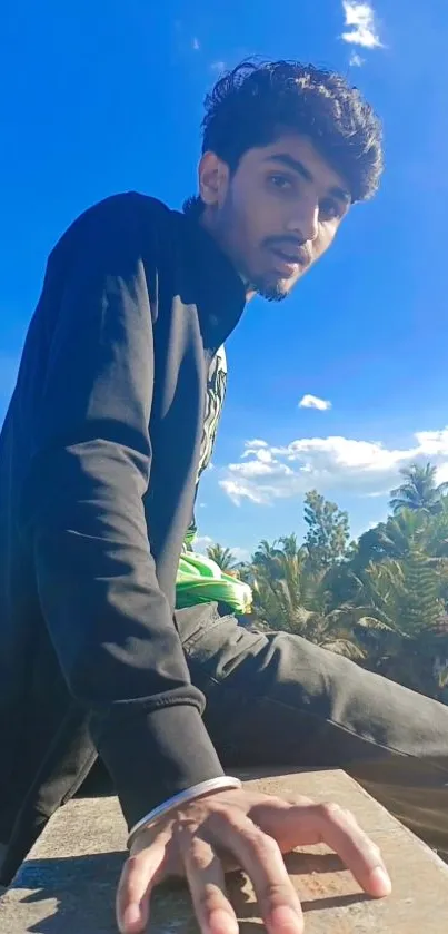 Stylish individual posing under a vibrant blue sky with clouds and greenery.