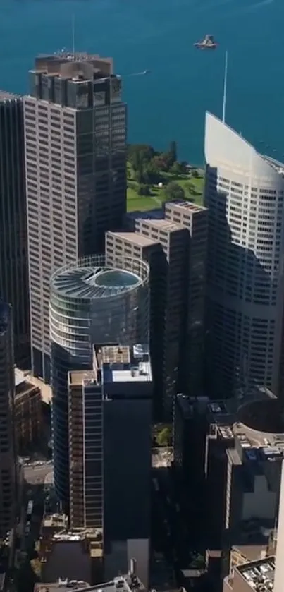 A beautiful skyline view with skyscrapers and a blue waterfront.