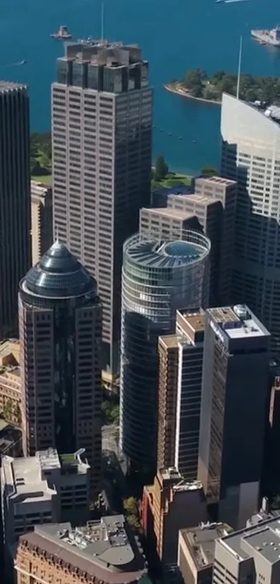 Aerial view of skyscrapers against a vibrant blue sky.