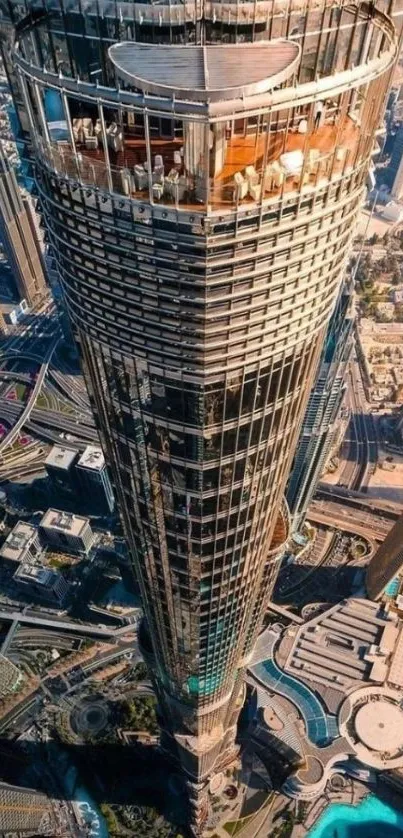 Aerial view of a modern skyscraper with urban landscape.