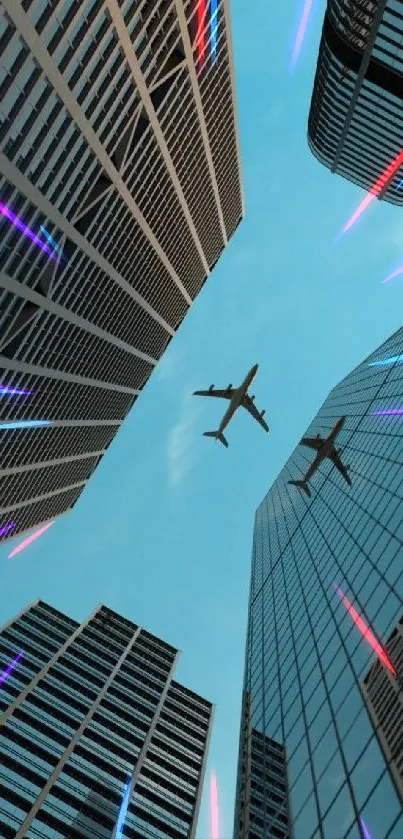 Skyscrapers with airplane in blue sky view.