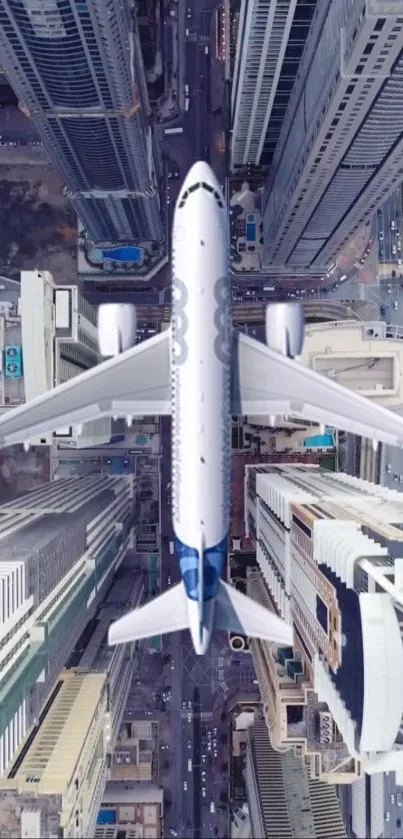 Aerial view of airplane flying over city skyscrapers.