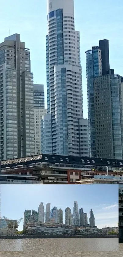 Cityscape wallpaper featuring skyscrapers under a blue sky.