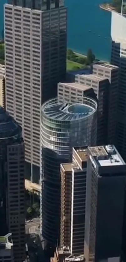 Aerial view of tall skyscrapers in a bustling city downtown area.