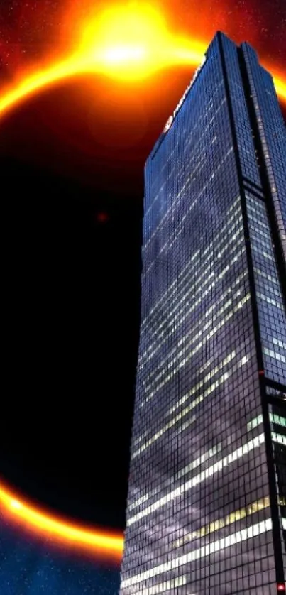 Skyscraper with eclipse in vibrant orange glow against a starry background.