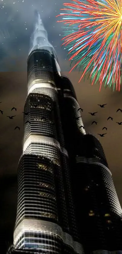 Skyscraper illuminated by fireworks in the night sky, creating a breathtaking view.