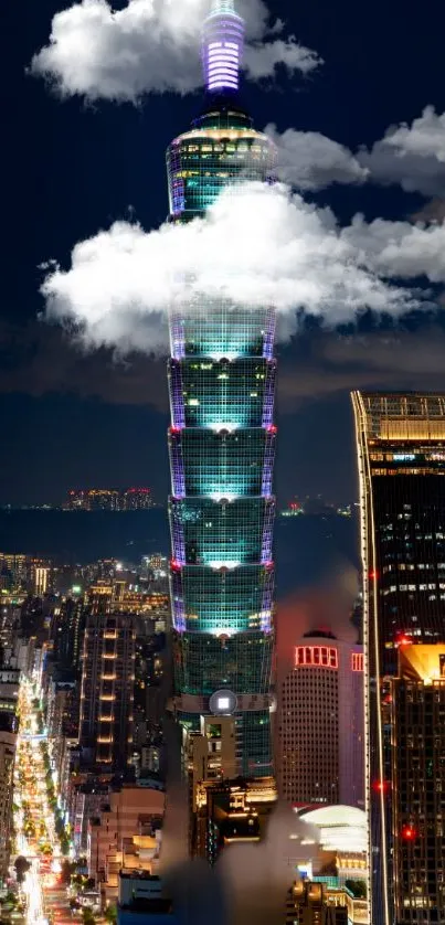 Stunning Taipei 101 at night with glowing lights and clouds.