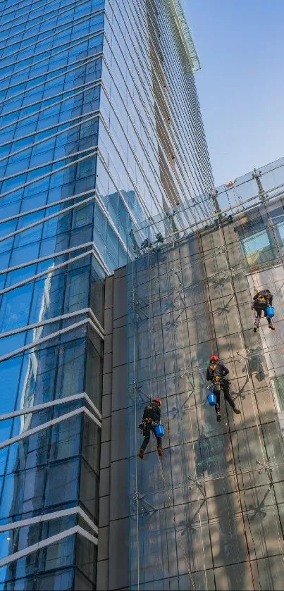 High-rise window cleaners on a glass skyscraper under blue sky.