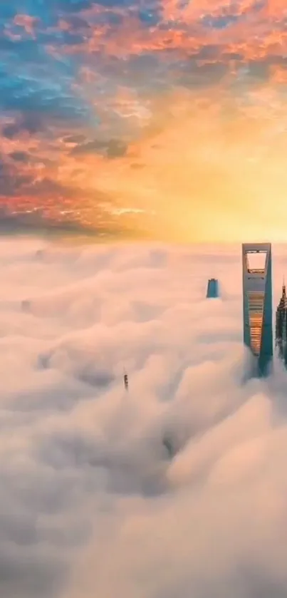 Skyscrapers rising through clouds at dawn with vibrant orange and blue sky.