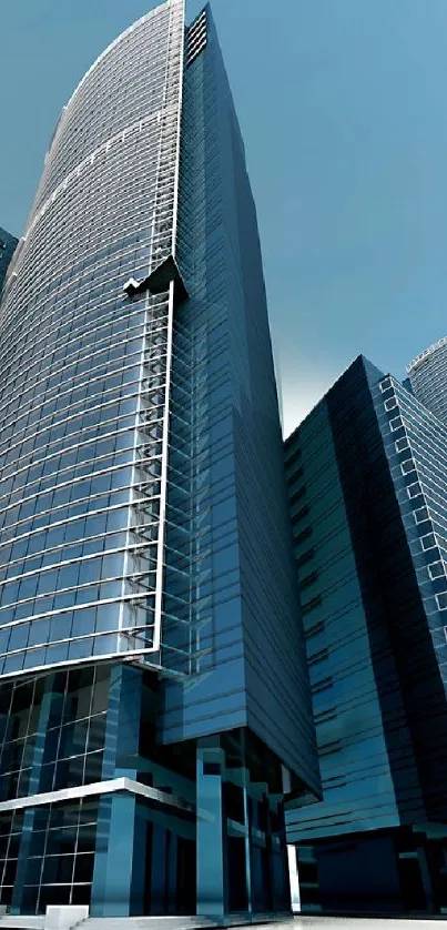 Futuristic skyscraper skyline under a blue sky.