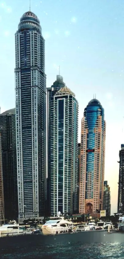 Skyline of skyscrapers by the waterfront at dusk.