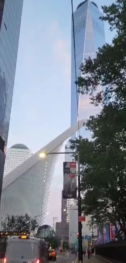 Modern cityscape featuring tall skyscrapers and trees at street level.