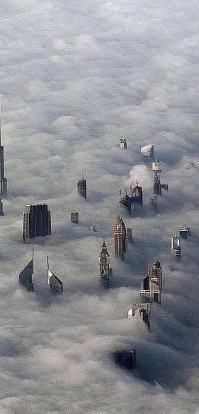 Skyscrapers piercing through thick clouds.