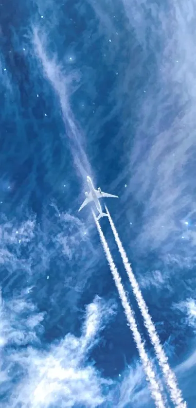 Airplane soaring through cloudy blue sky.