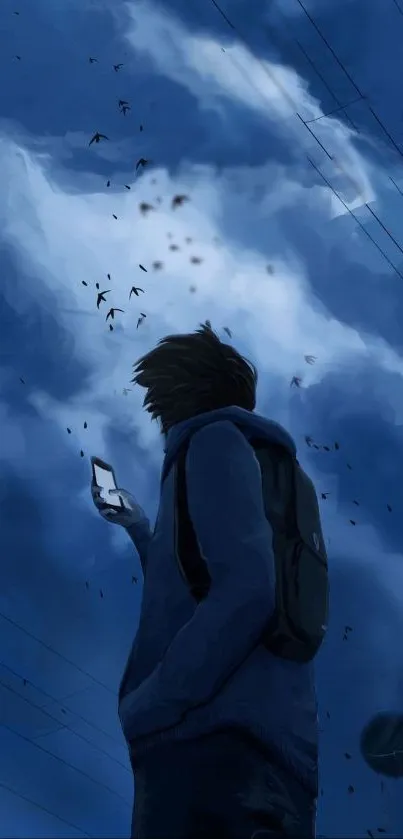 Digital art: figure gazing at sky on phone.