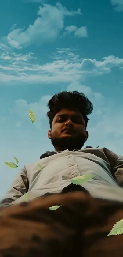 Man gazing at blue sky with leaves floating.