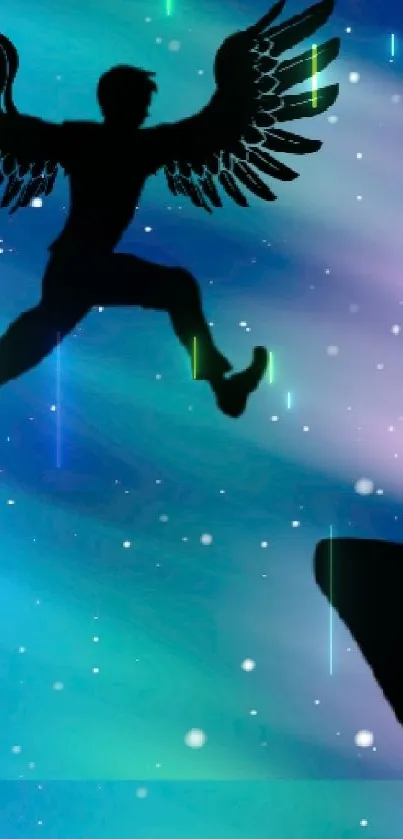 Silhouette with wings leaping in cosmic sky with stars on mobile wallpaper.