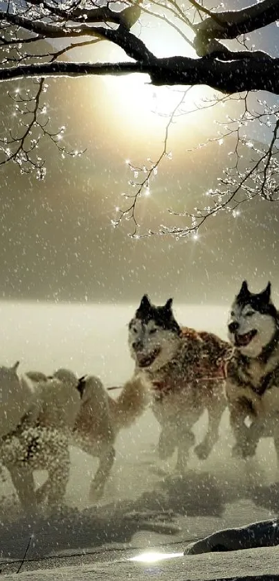 Sled dogs racing through a snowy forest under a bright winter sun.