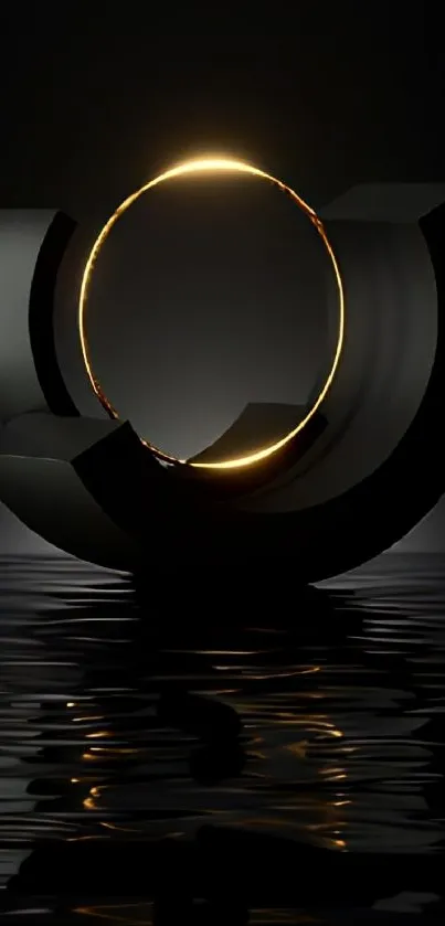 Futuristic abstract wallpaper with glowing circle on reflective water.