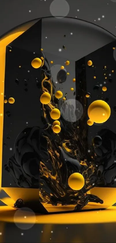 Abstract yellow and black sphere with bold accents.