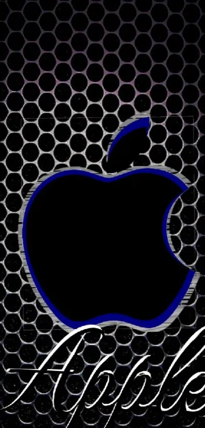 Apple logo with a metallic honeycomb background and blue accents for phone wallpaper.